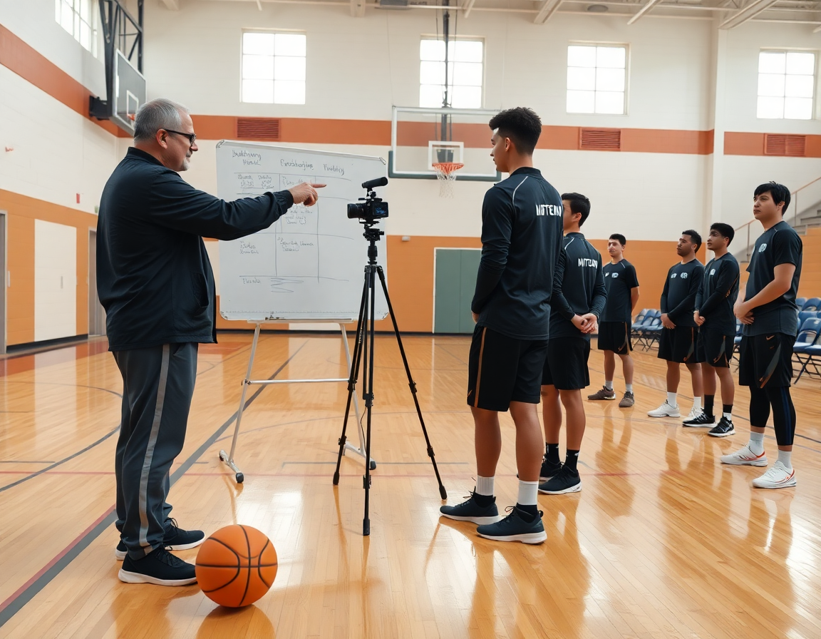 Coaches explains a weekly plan for man-to-man defense basketball as players listen in a gym basketball.