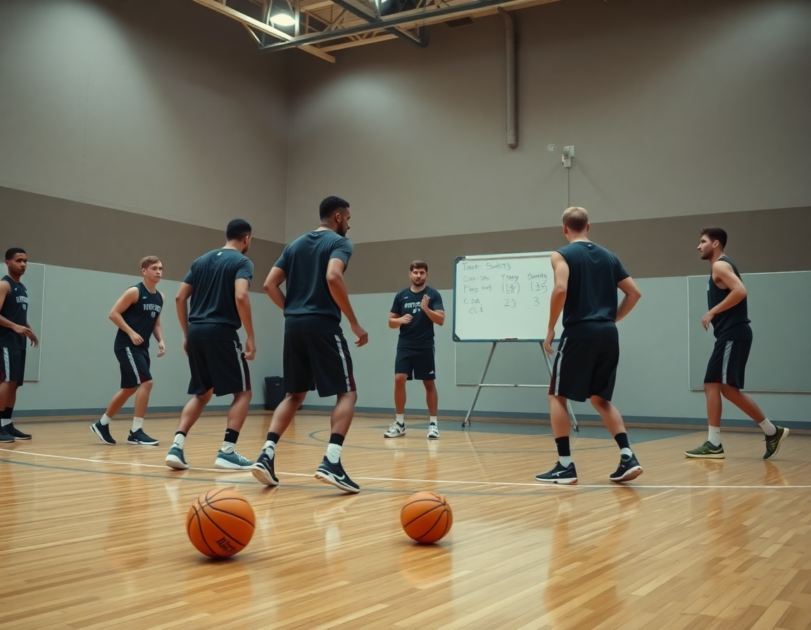 Players practice rotations as the defense shifts in man-to-man defense basketball during a drill on the basketball court.