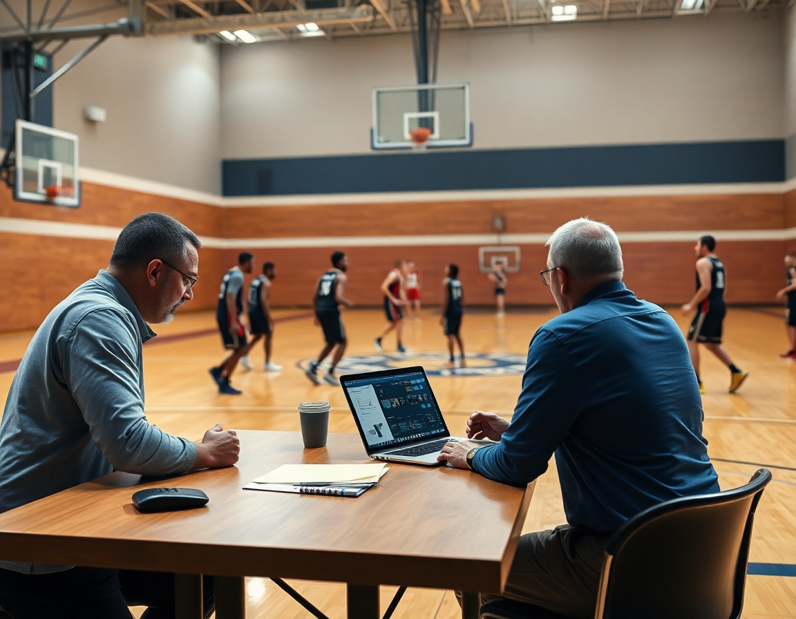 Coach reviews scouting clips for man-to-man defense basketball and builds a basketball drill library on a laptop.