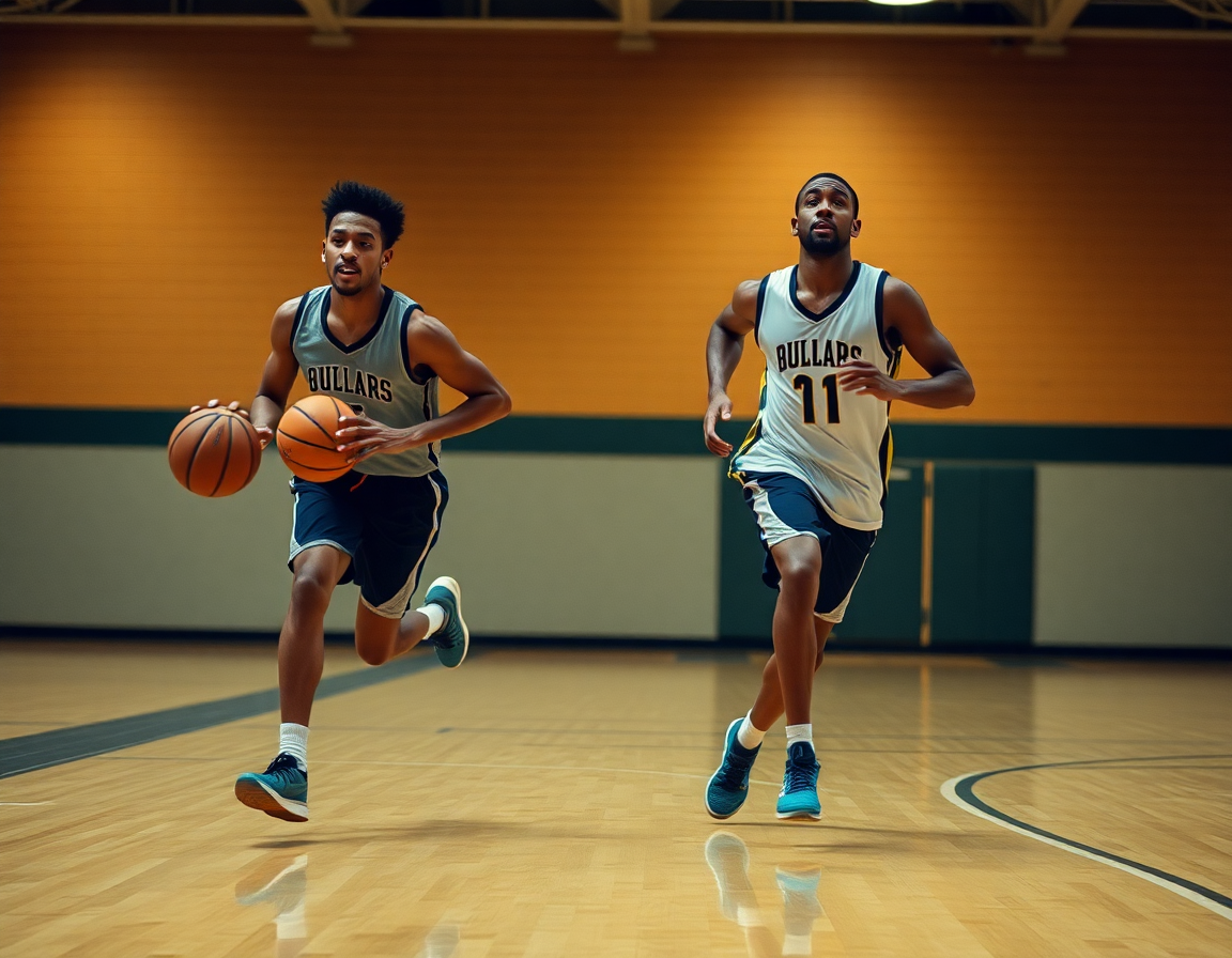 Players running a fast-break drill in practice