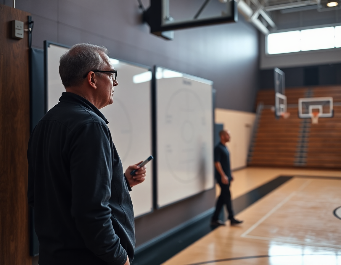 Coach explaining tactics on a gym whiteboard