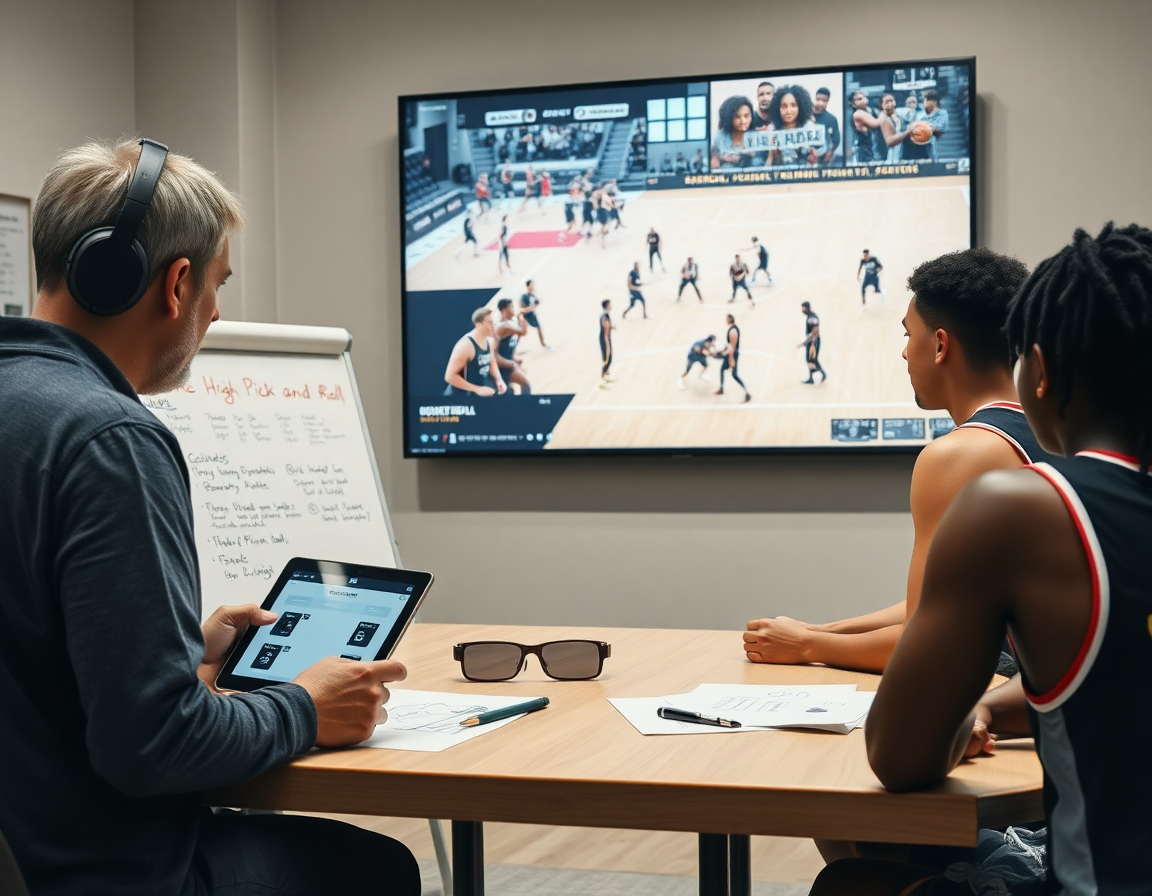 Coach reviews the high pick and roll plan amid basketball workflow on a gym screen.