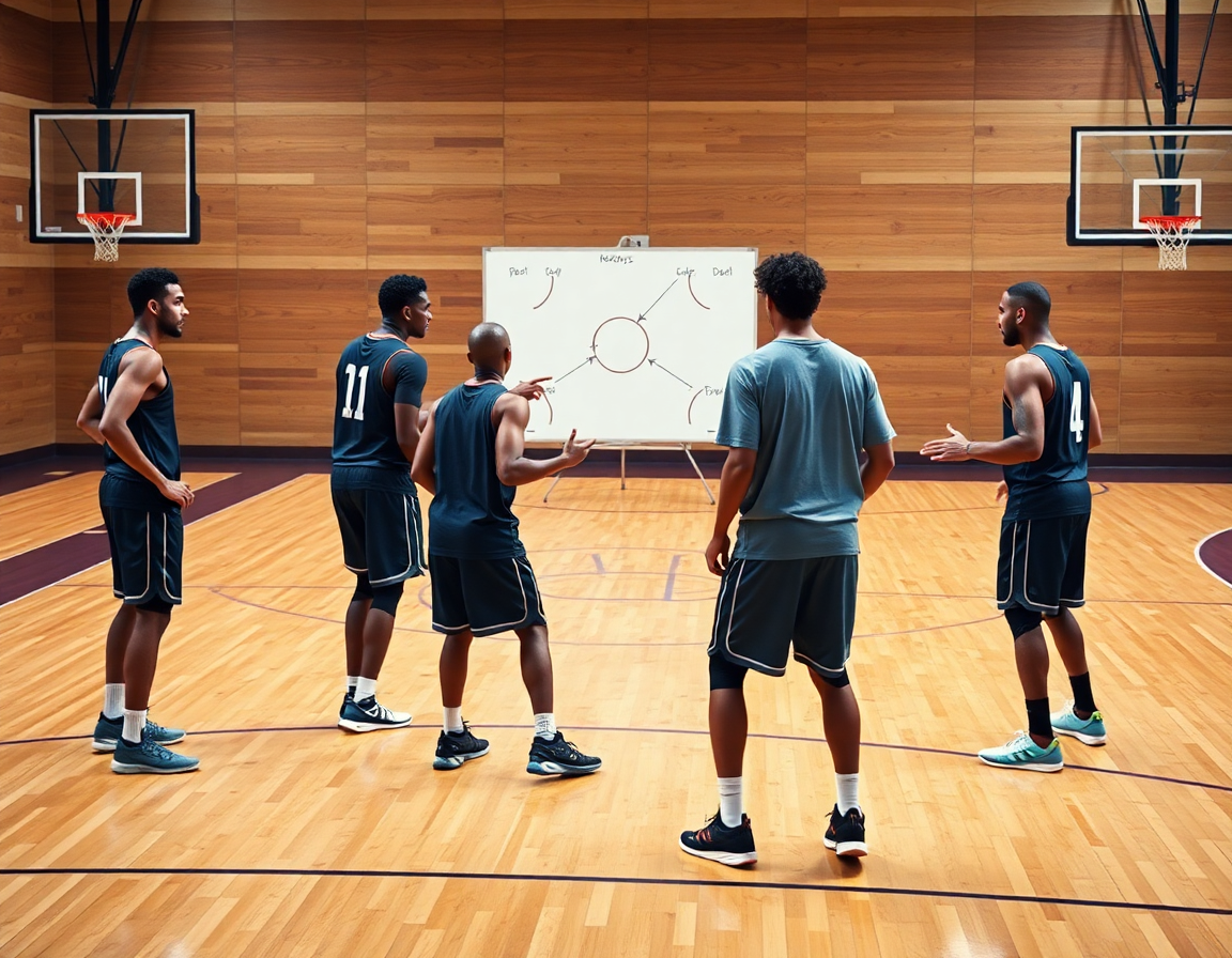 Wide shot of five players practicing match up zone defense basketball with coach and whiteboard.