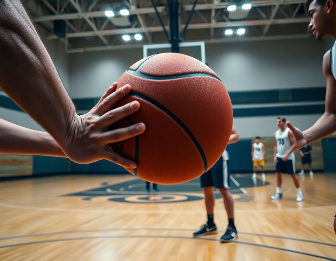 Close-up on hands gripping a basketball during a match up zone defense basketball drill on hardwood.