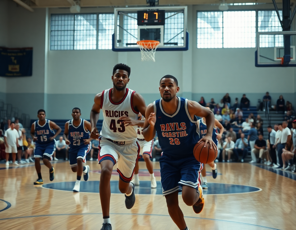 Action shot of players running a motion play, cutting toward the basket.