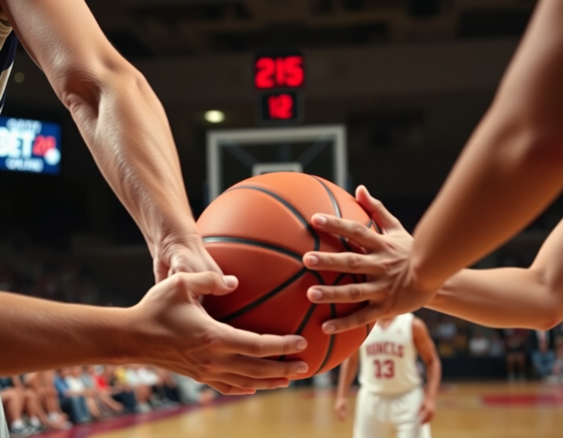 Close-up of hands passing a basketball during motion offense basketball clips on screen.