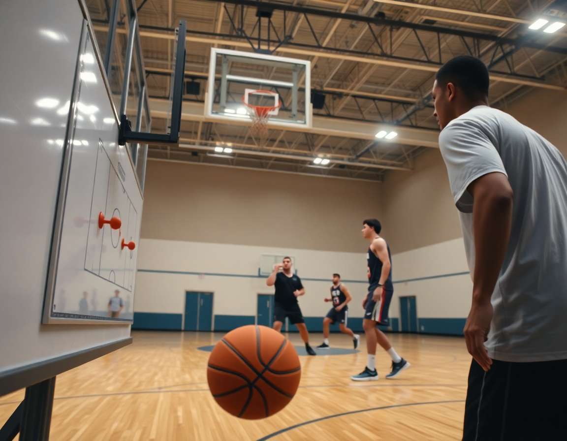 Close-up on whiteboard as coach explains motion offense entries beside a basketball gym.