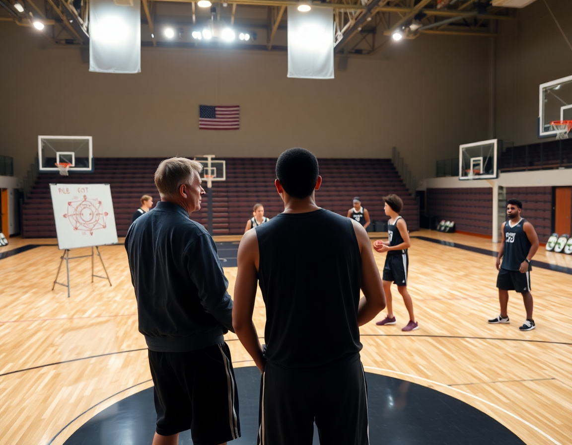 Coach demonstrates 4-out and 5-out variations beside a basketball gym whiteboard while players watch.
