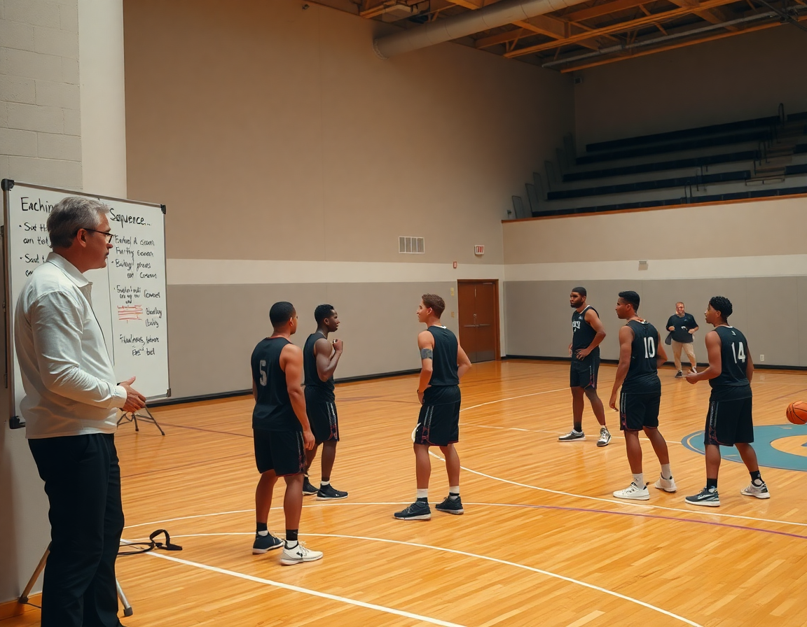 Teaching sequence with entry actions and backdoor reads on a basketball court during practice.
