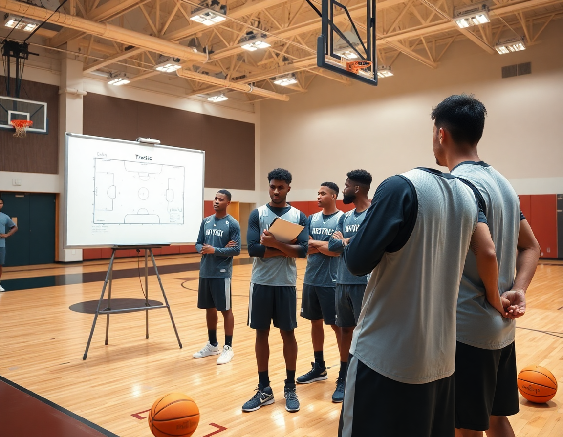 Coach explains naming basketball plays at the whiteboard during a focused gym drill.