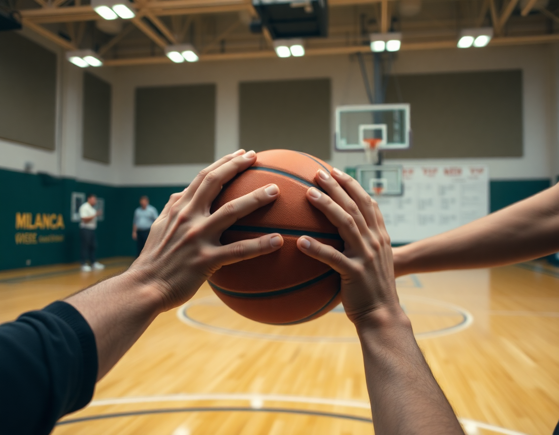 Close-up on hands and a basketball while players run a practiced basketball play.