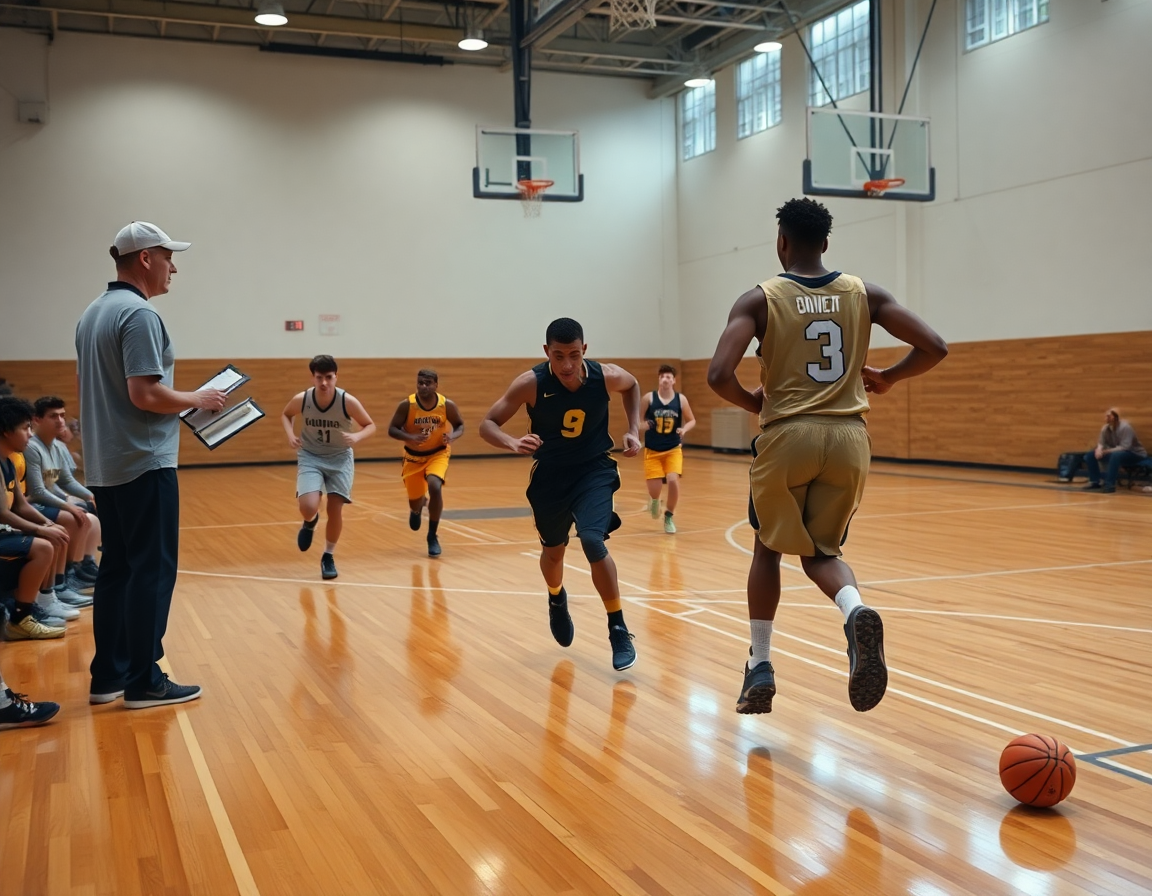 Full-court basketball drill as players execute a named basketball play with the coach signaling.