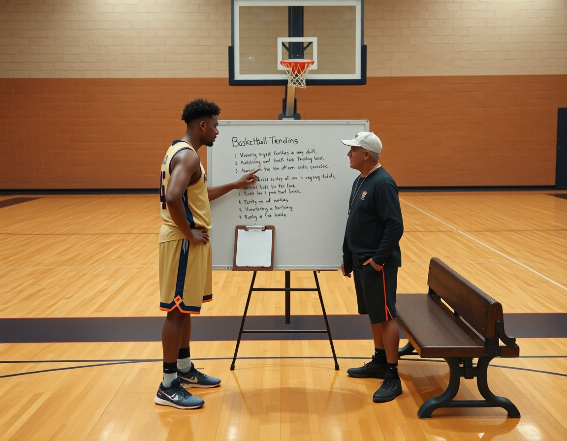 Close-up of coach and players around a basketball whiteboard during basketball drill.