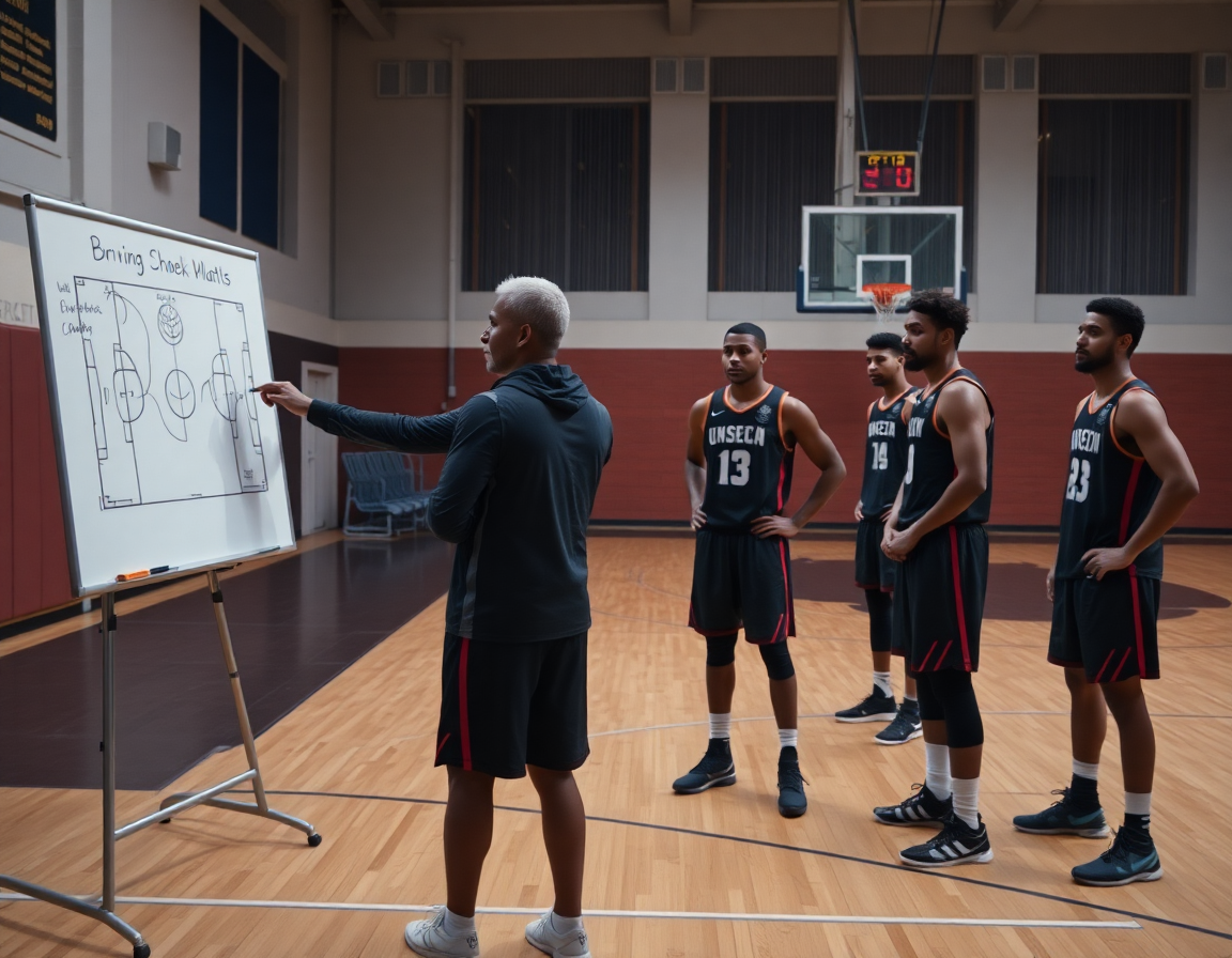Coach and players on a basketball court watching a play near a whiteboard.