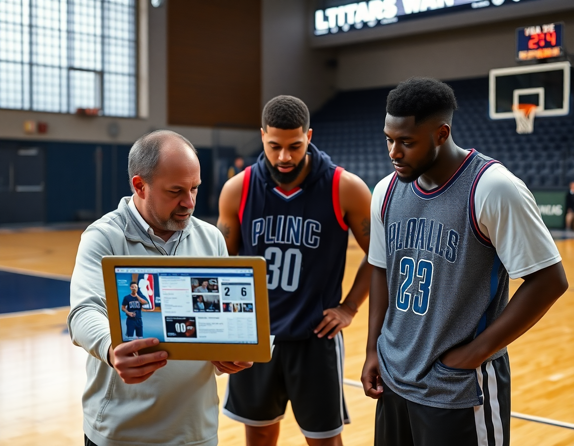 Assistant coach reviews basketball clips on a laptop with players on the basketball court.