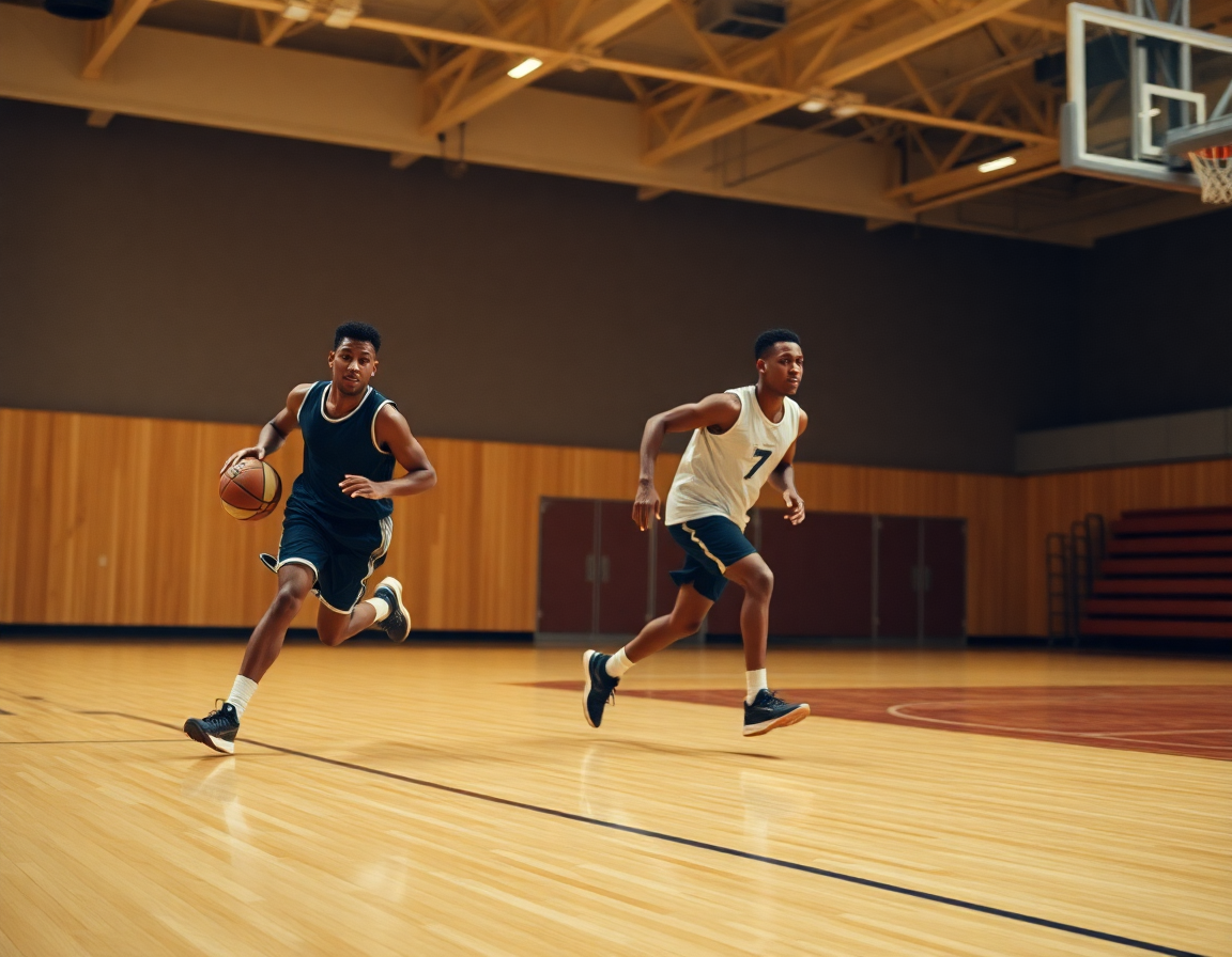 Players running a fast-break drill in practice