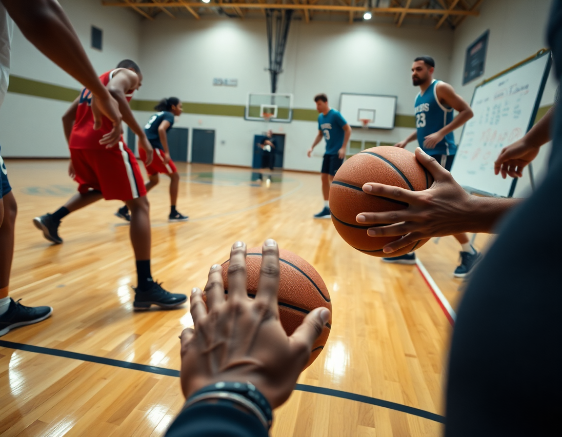 Close-up on hands and a basketball during open gym basketball drills, showing a coach's guidance.