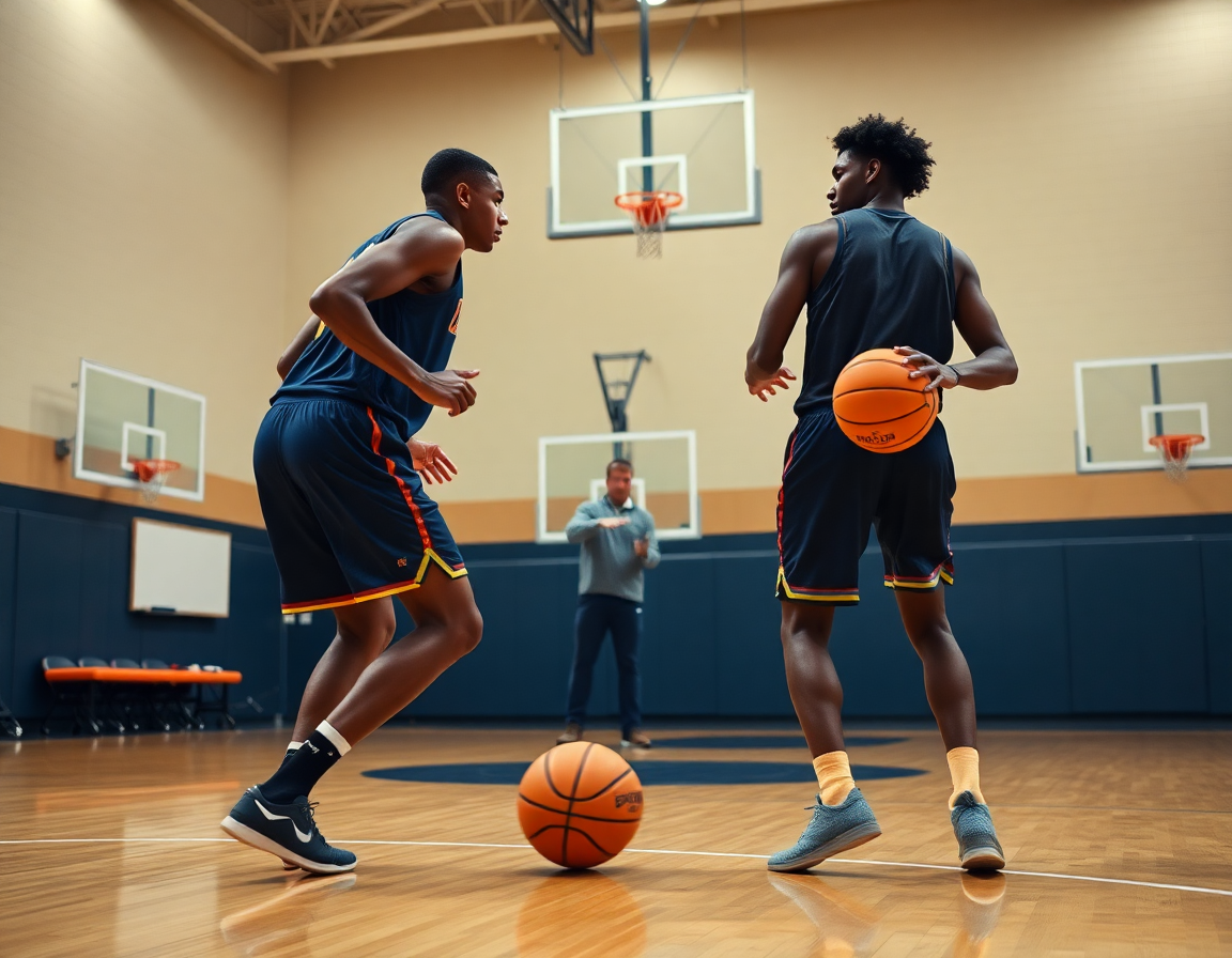 Two players execute a pick and pop basketball move near the top of the key.