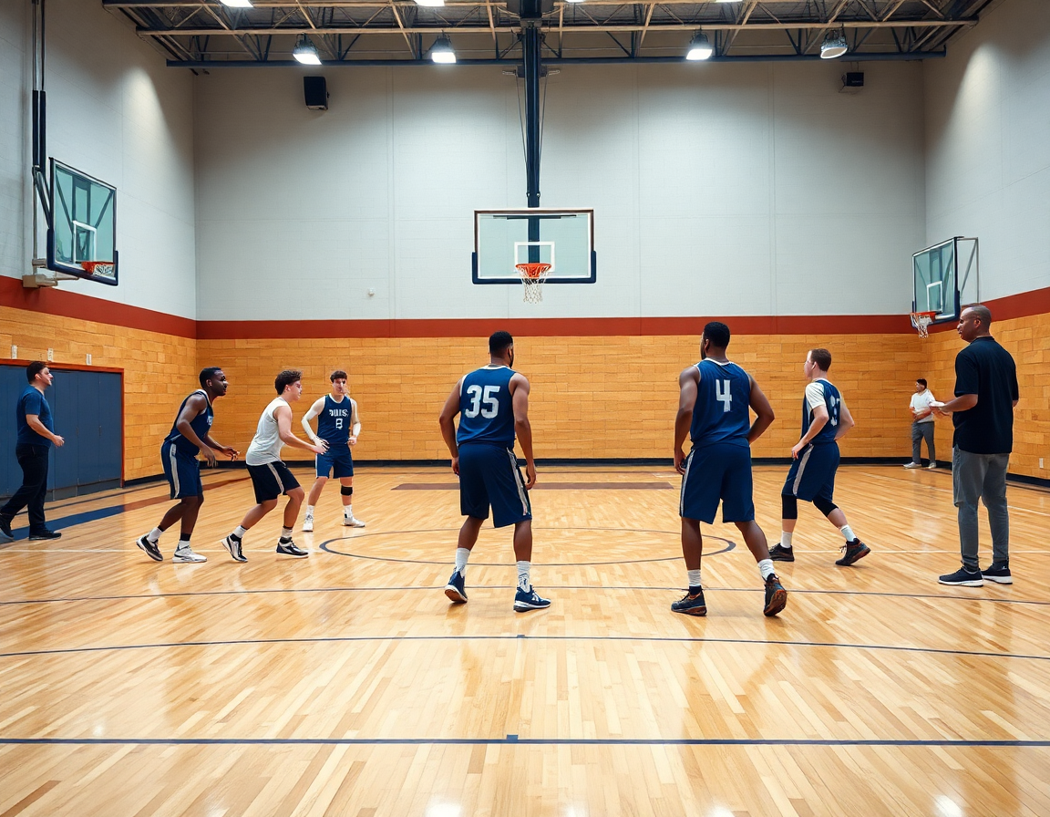 Wide shot of spacing for pick and pop basketball reads during practice.