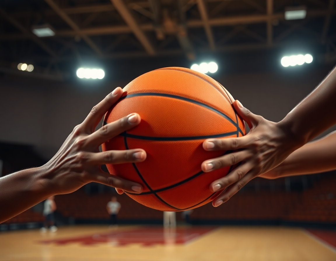 Close-up on hands guiding a basketball during drill under bright gym lights.