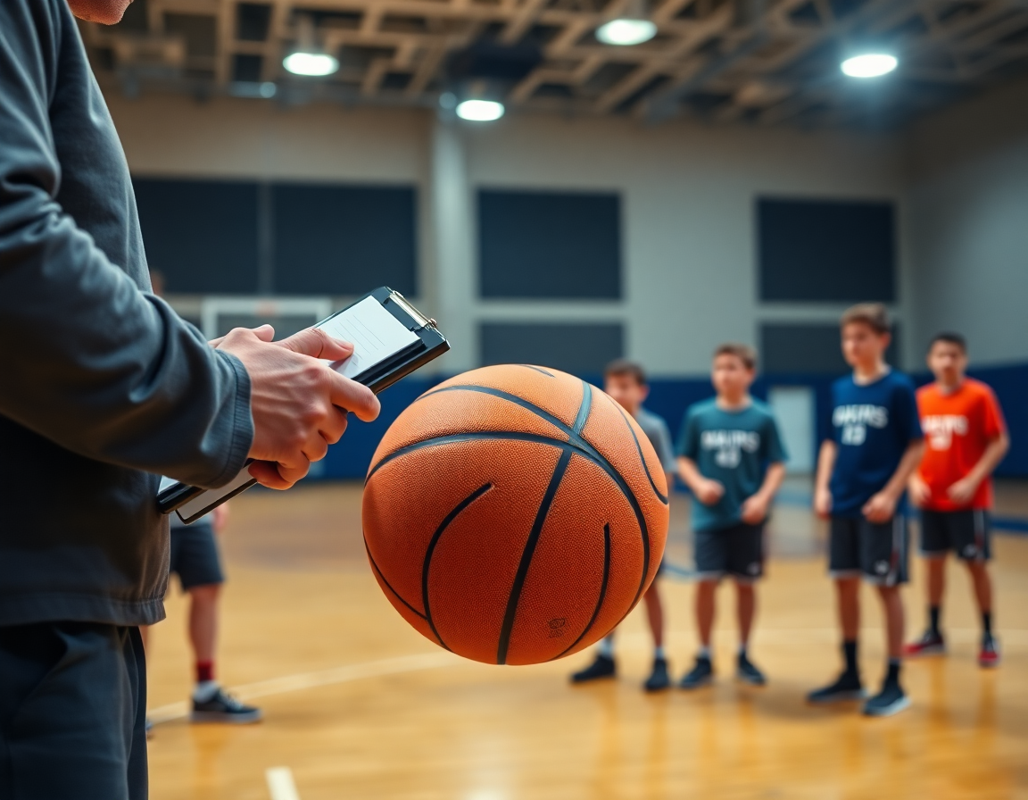 Close-up on hands and basketball as coach explains pick and roll drills for youth basketball.