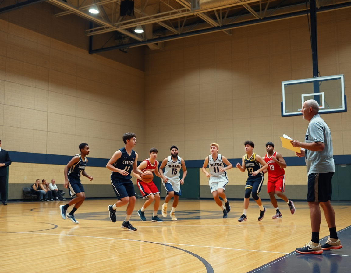 Players run a full-court basketball play as a coach directs pick and roll plays for youth basketball.