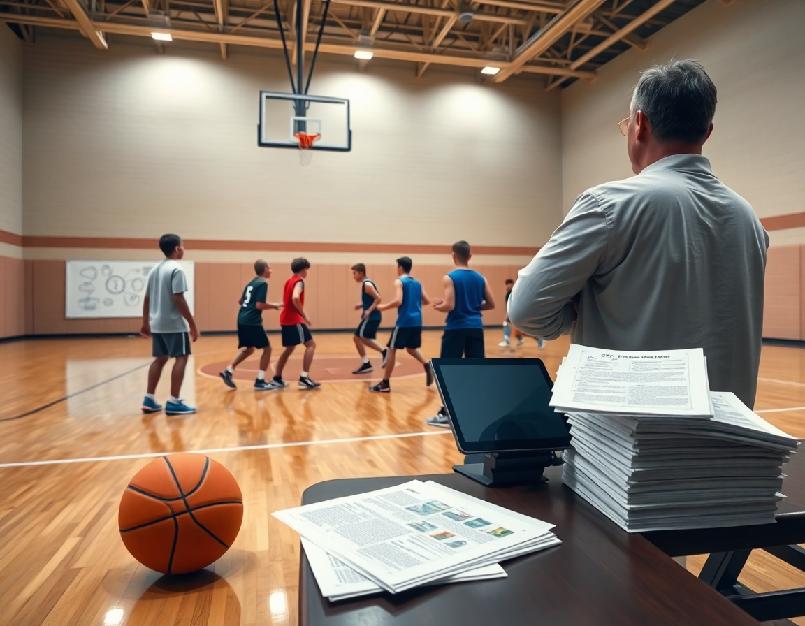 Coach demonstrates drills from 30 youth basketball practice plans pdf on a hardwood court.