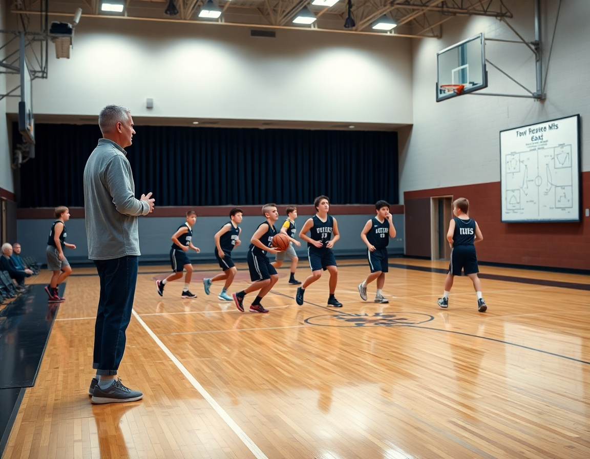 Coach maps age-appropriate basketball drills on a whiteboard for 4th to 8th grade.
