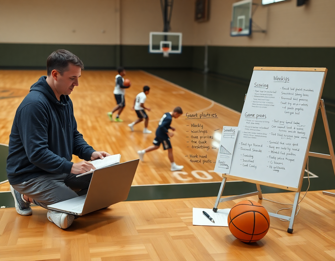 Coach reviews scouting notes for basketball game prep with assistants beside a hardwood court.