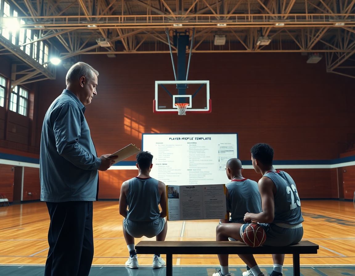 A coach shows the player profile template basketball packet to players during practice.