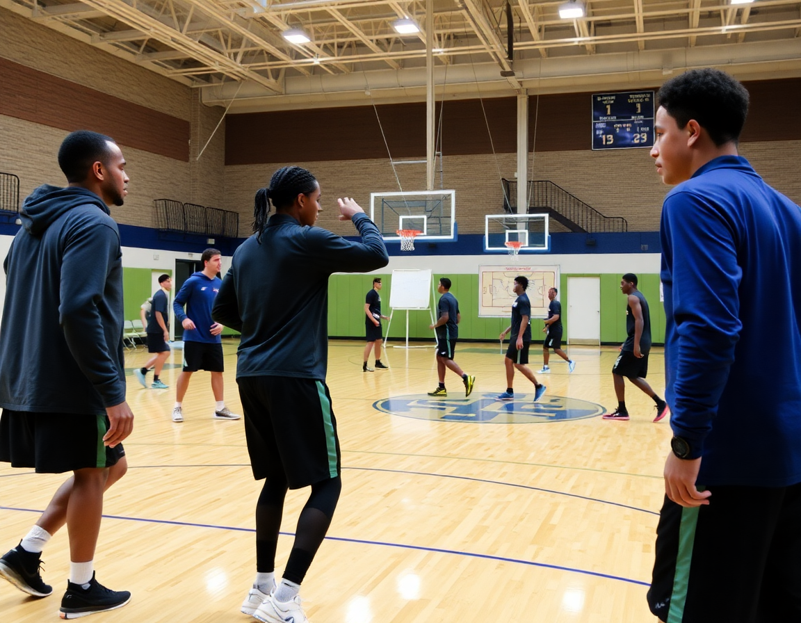 Coach guides basketball players through a station drill beside the whiteboard with a basketball play.