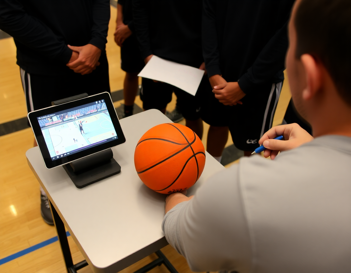 Video review session with basketball clips shown on a tablet beside the basketball tactic whiteboard.