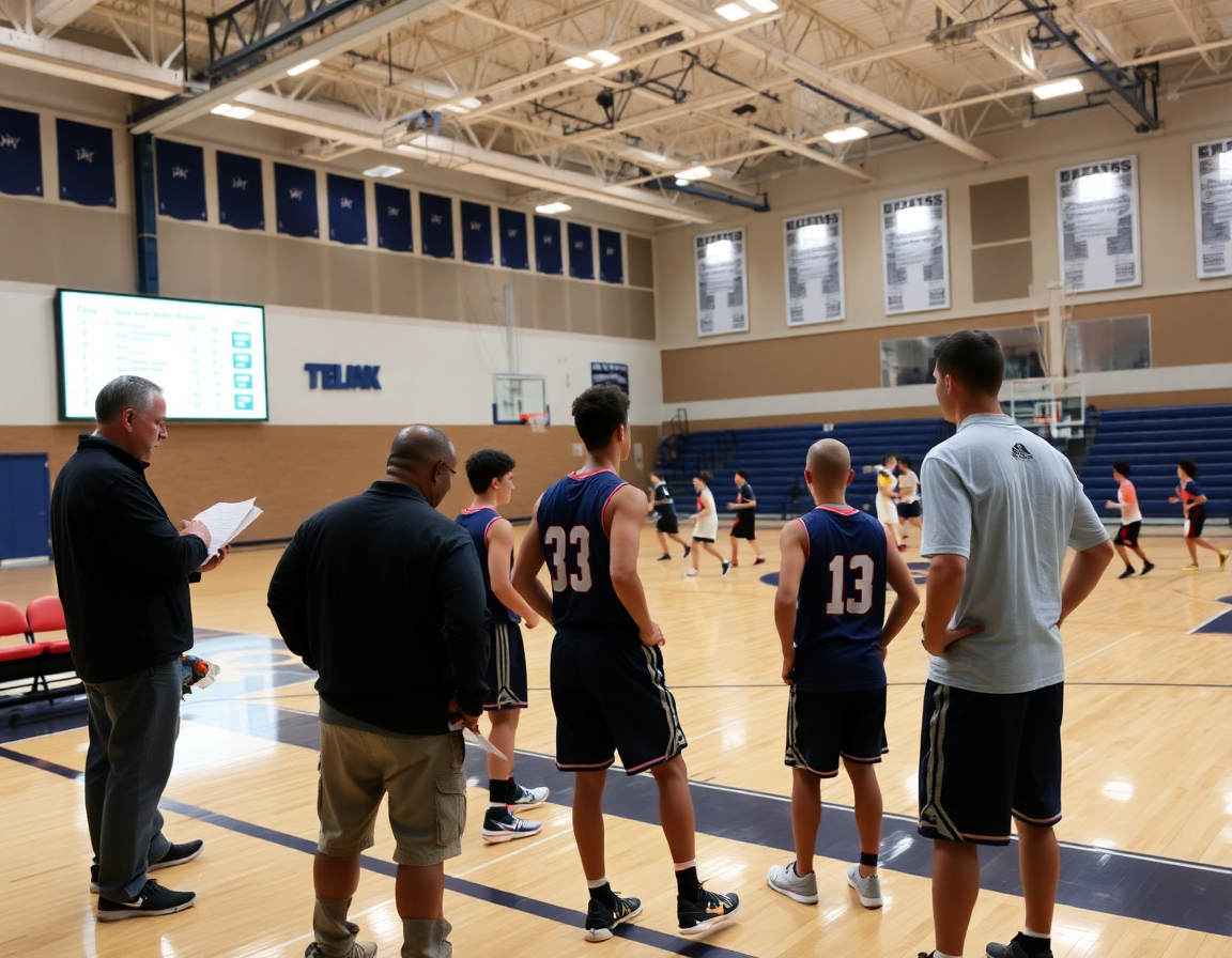 Coaches study scouting notes beside the basketball court while players run a basketball drill together.