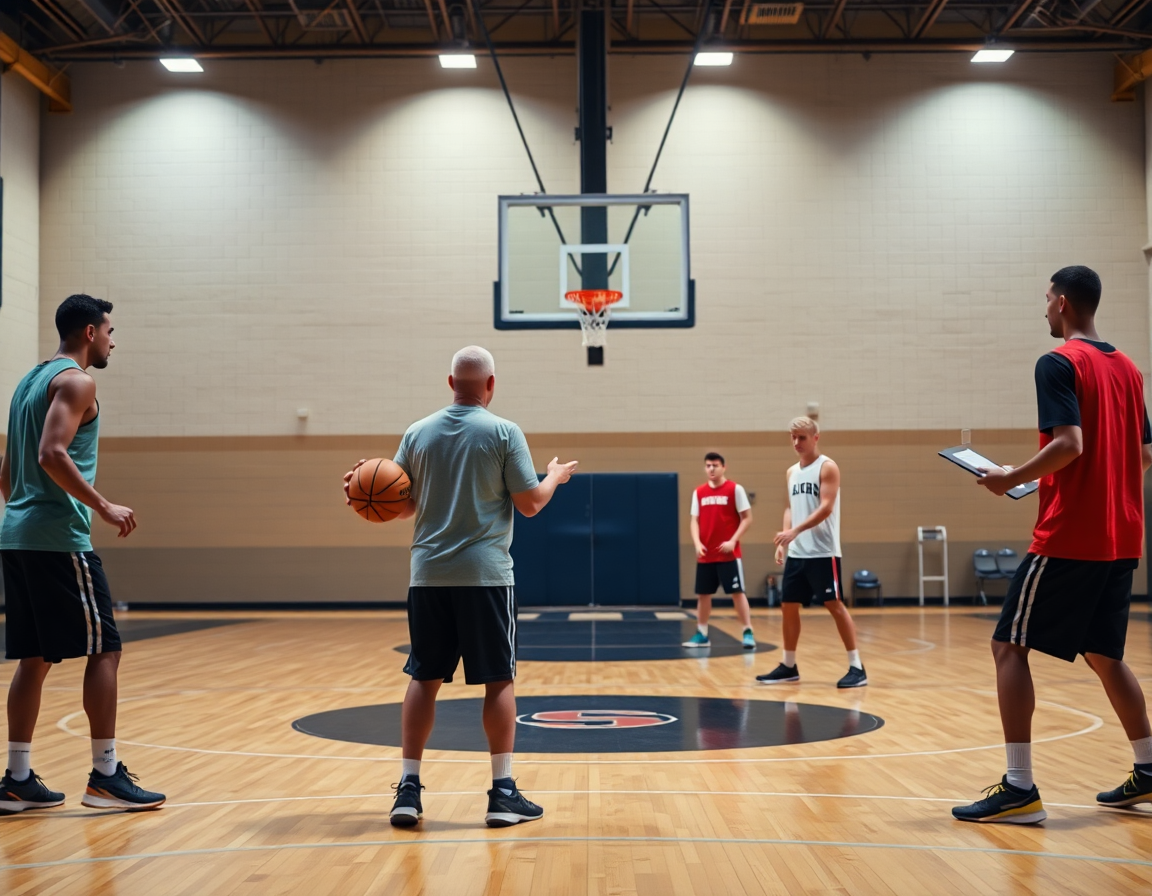 Stations around the basketball court show a rotating drill with coach overseeing.