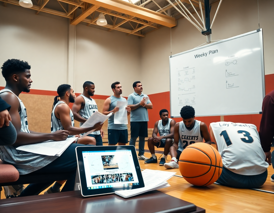 Coach links weekly plan from printed sheets to whiteboard during indoor basketball practice.
