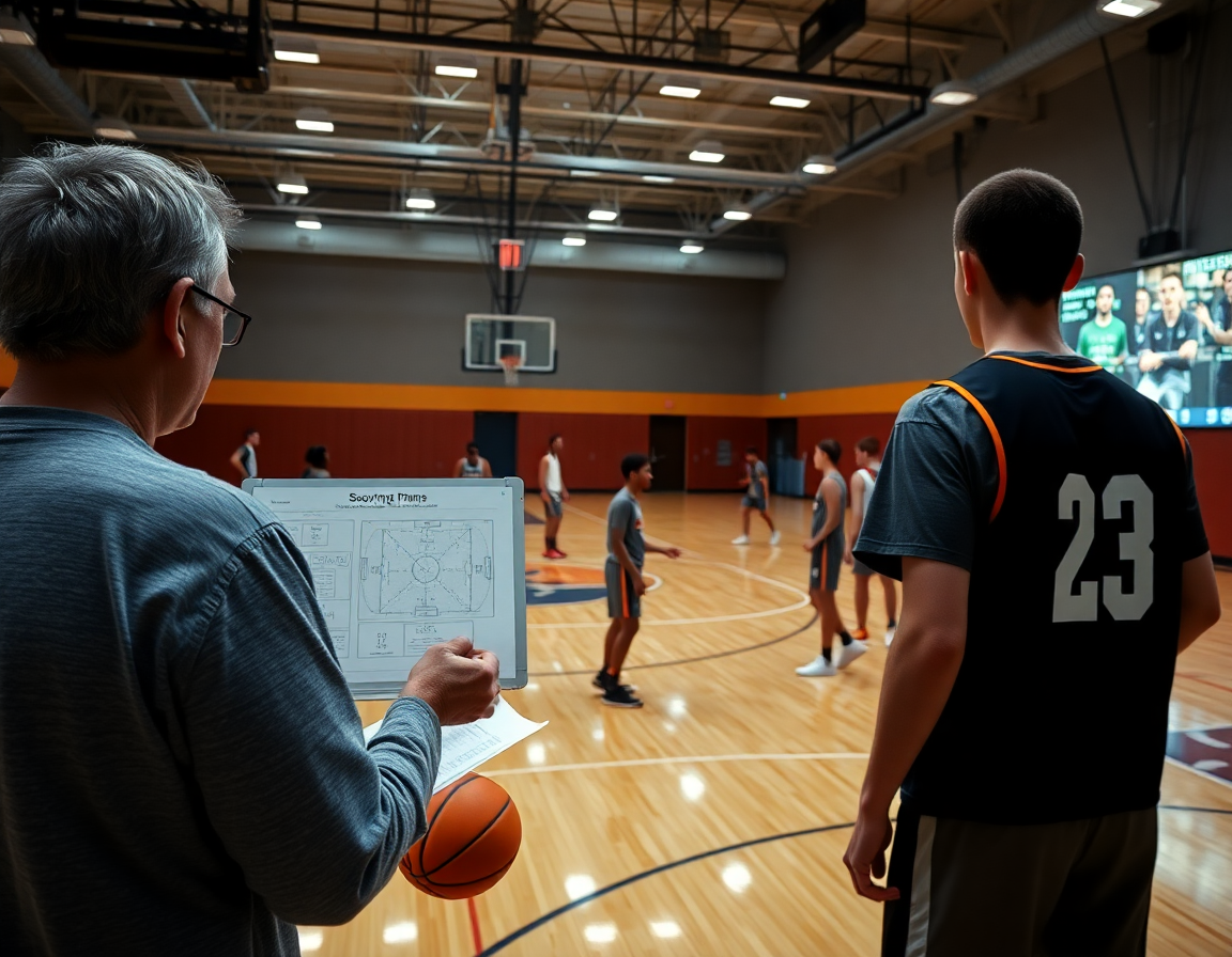 Scout-focused scene: coach reviews printable basketball play sheets and whiteboard defense in gym.