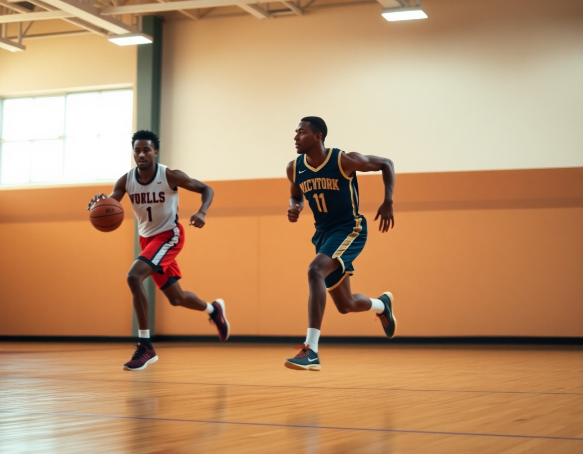 Players running a fast-break drill in practice