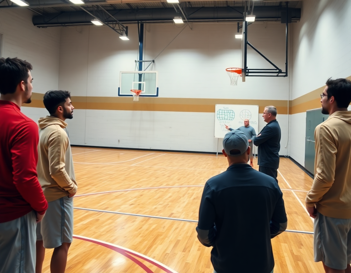 Coach explains screen in basketball during weekly planning to players around the whiteboard.