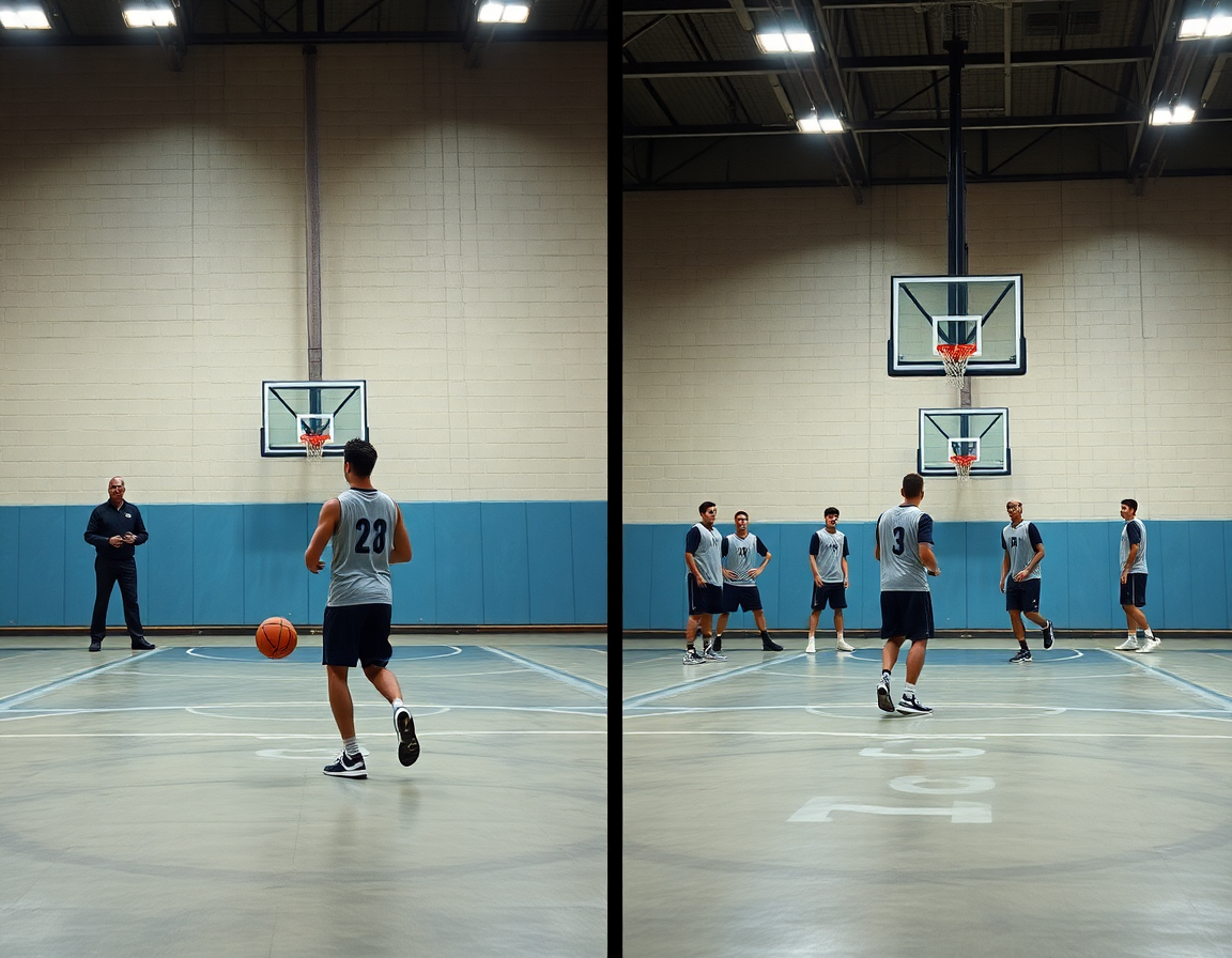 On-ball and off-ball progression on a concrete court during basketball training.