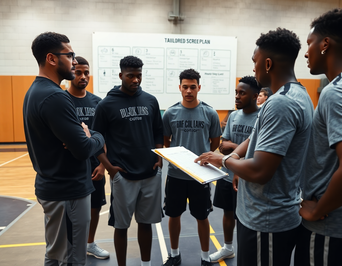 Coach and players study a scouting plan for the screen in basketball on a tablet.
