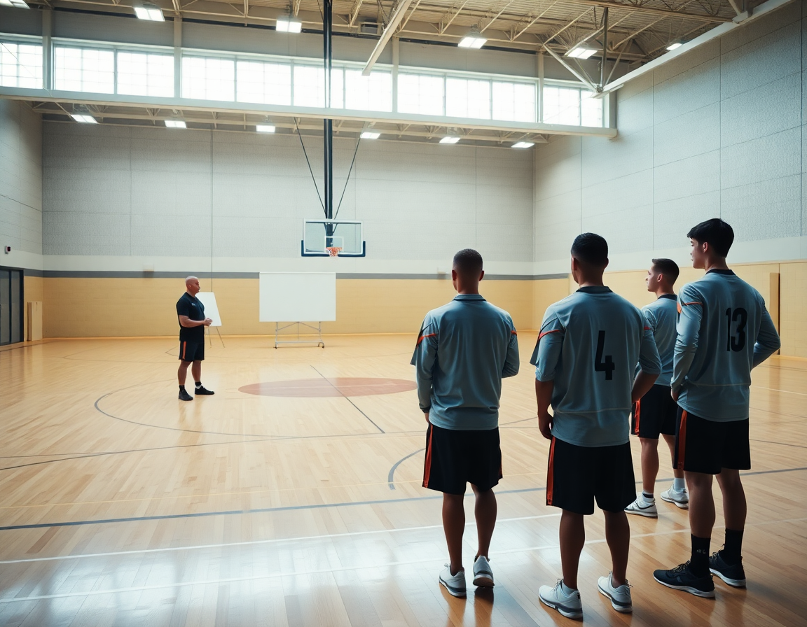 Coach uses whiteboard to install a set play in basketball for the team.