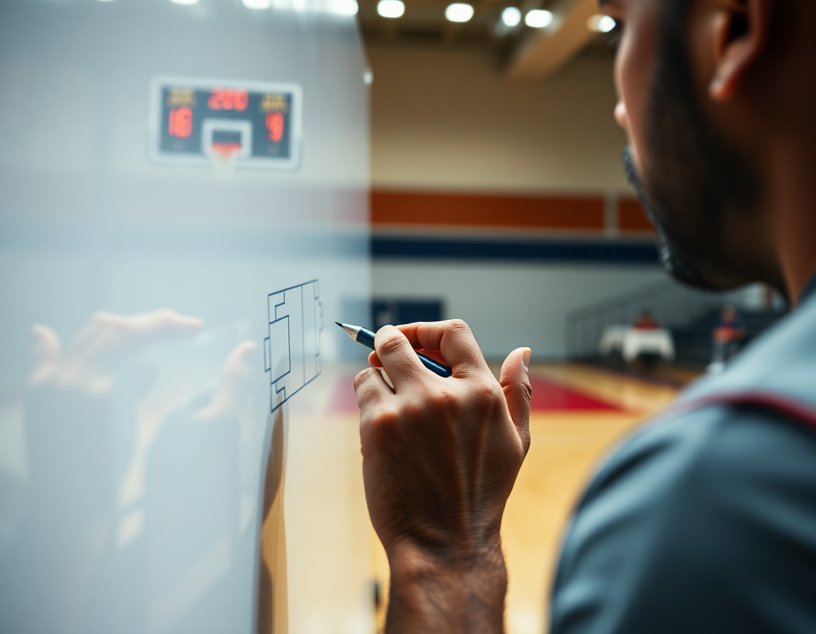 Close-up on coach hands drawing a set play on a whiteboard during basketball practice.