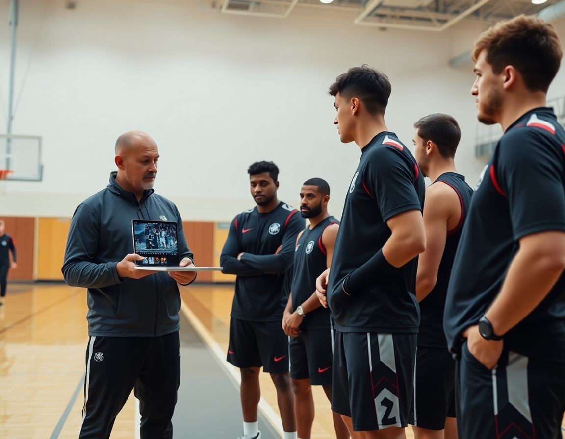 Coach reviews basketball video clips with players during basketball practice on the gym floor.