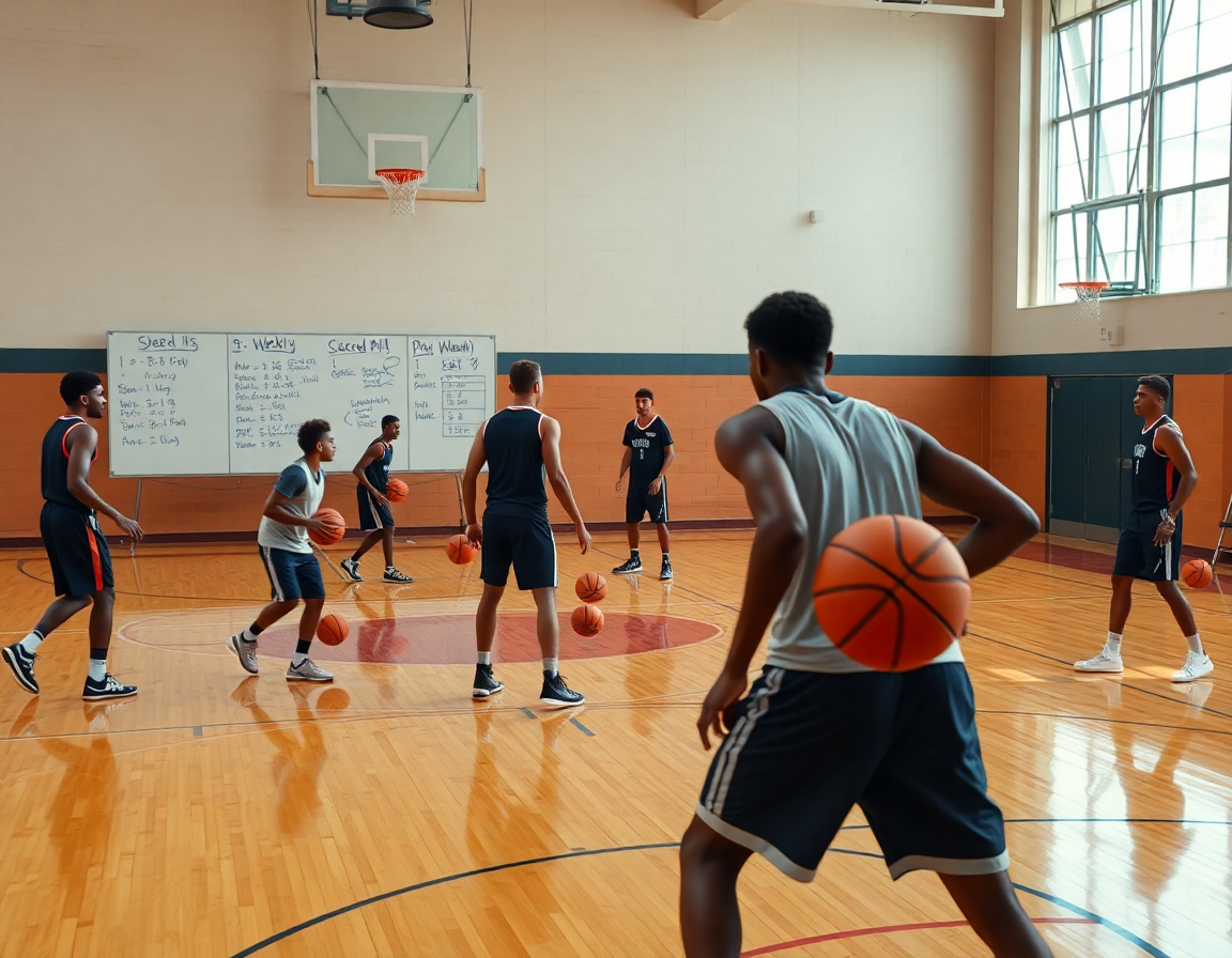 Shell drill basketball weekly plan comes to life on a whiteboard in a gym.