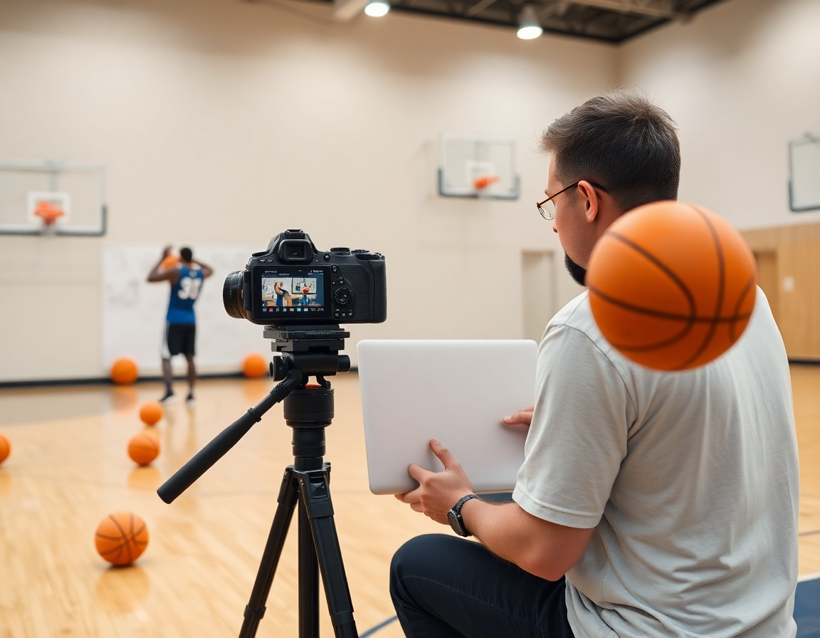 Inside a basketball gym, a shooter records shooting drills basketball by yourself from the sideline with a timer.