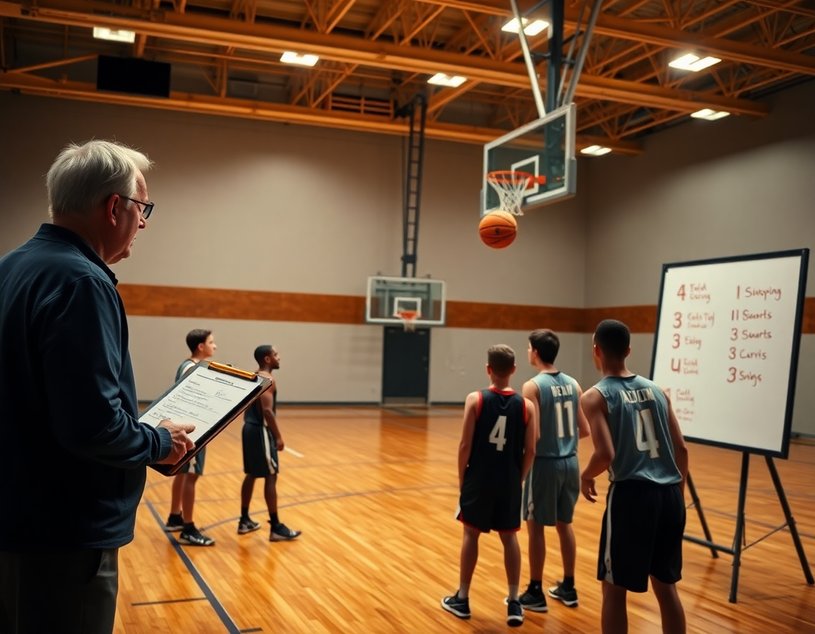 Coach with clipboard reviews shooting fundamentals basketball checklist on a whiteboard today.