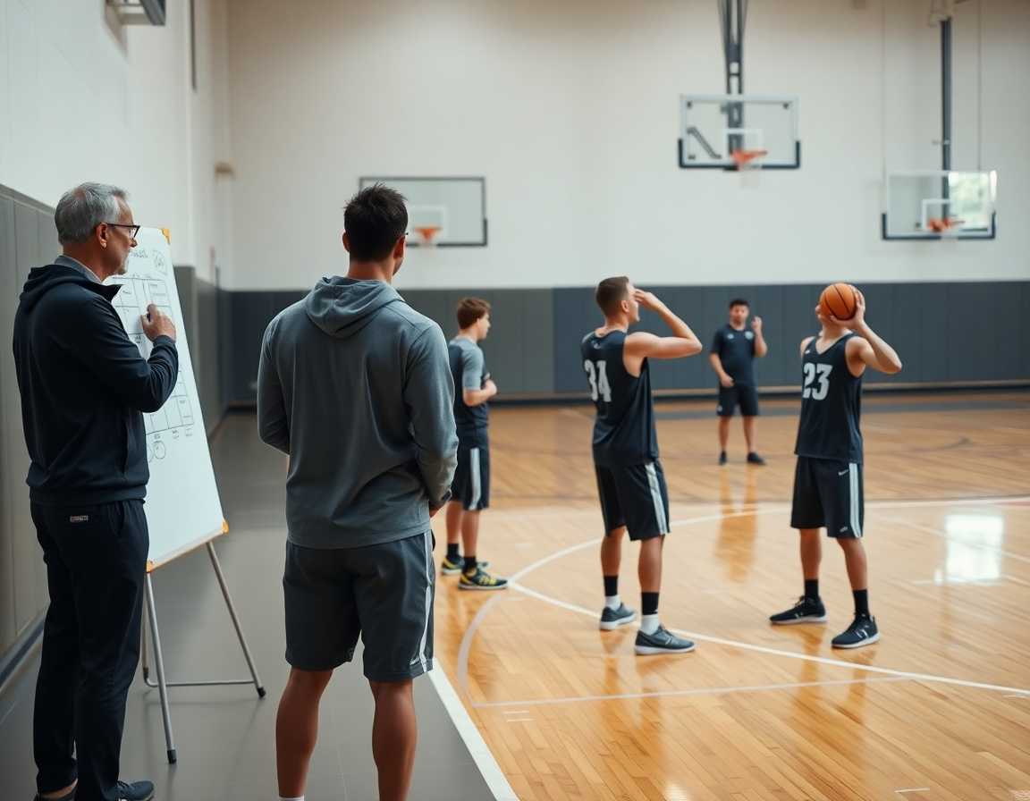 Coach by the sideline on a hardwood basketball court, shot tracker basketball data visible on a tablet.