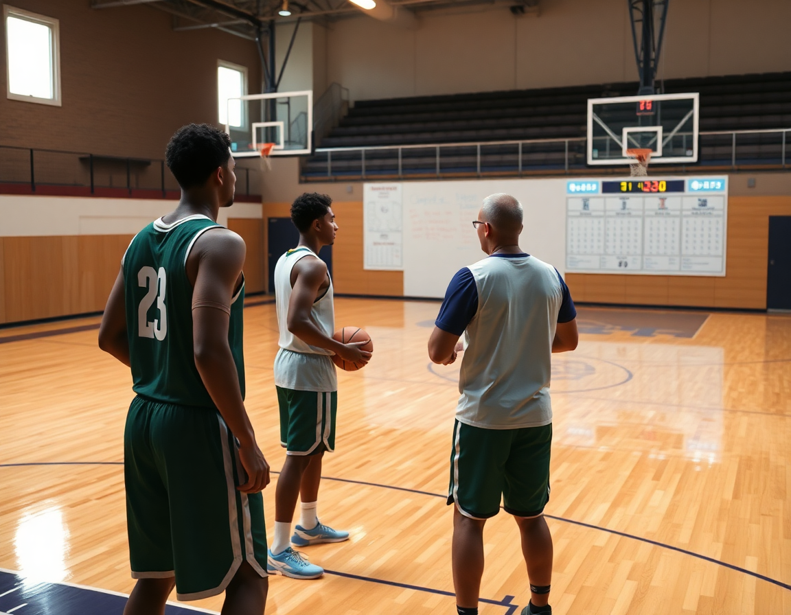 Two players drill on hardwood basketball court as the coach uses a whiteboard and shot tracker basketball data.
