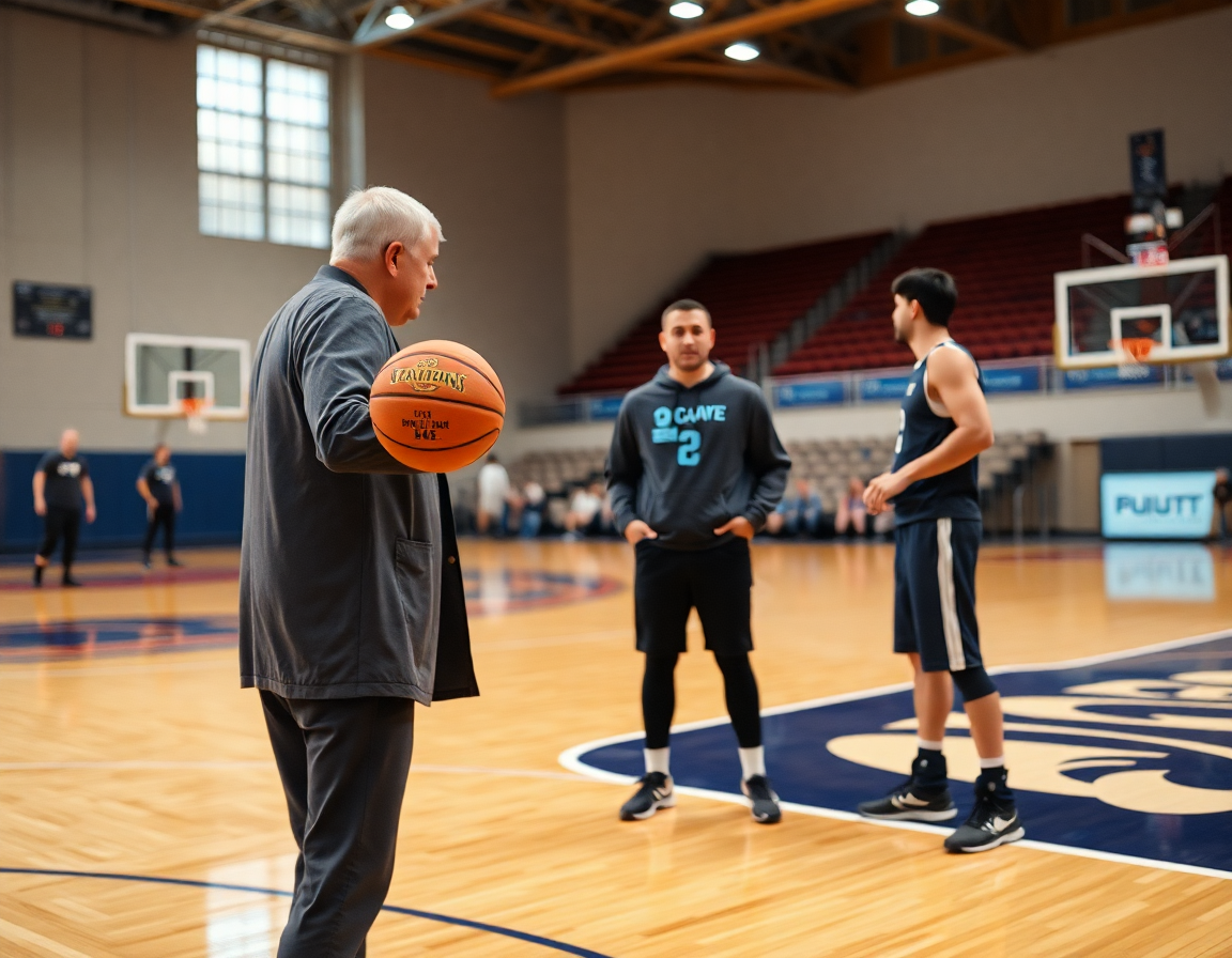Review on the hardwood basketball court as the coach shows shot tracker basketball insights with an orange basketball.