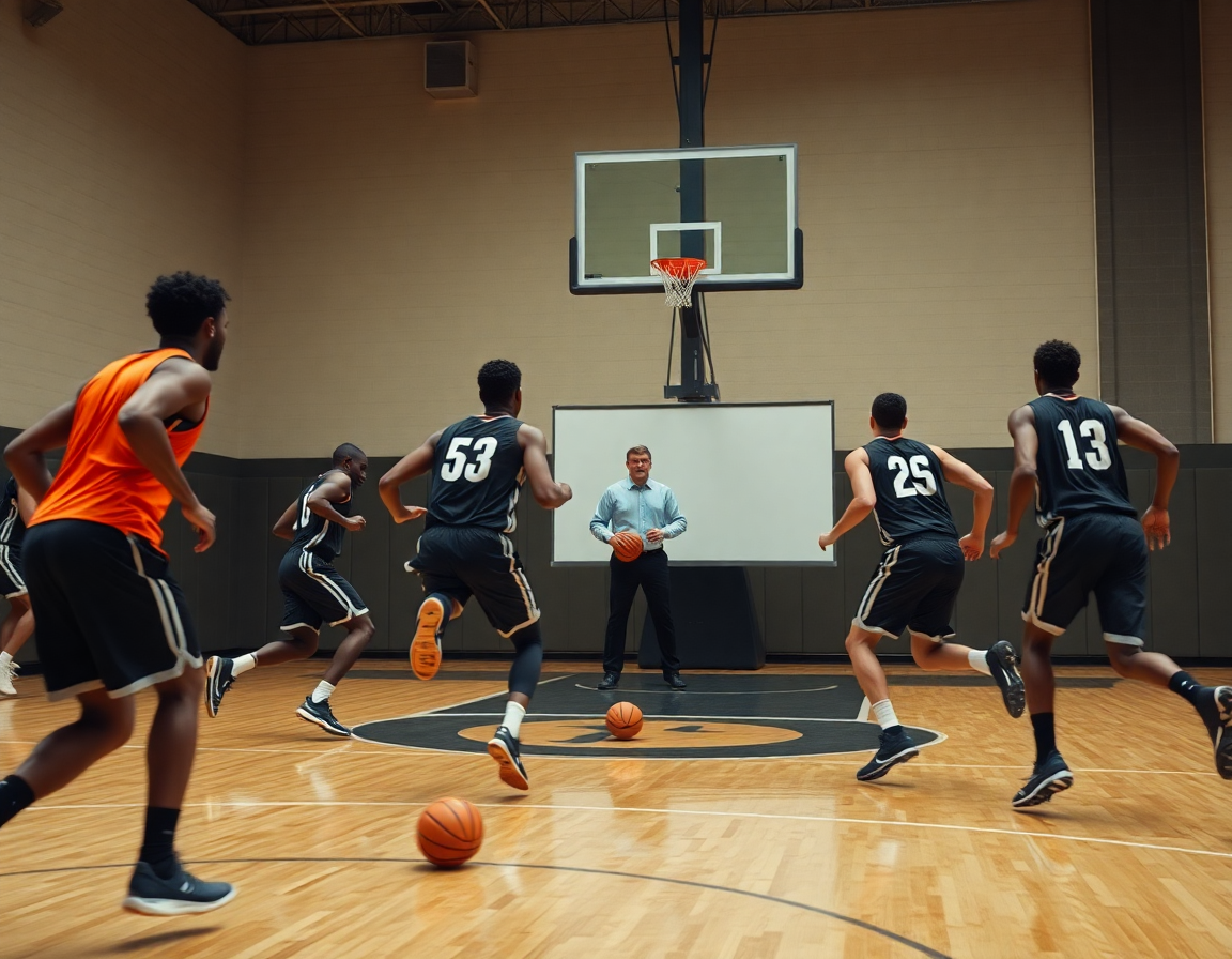Players sprint and pivot around a screen in shuffle screen basketball drill near the top of the key.